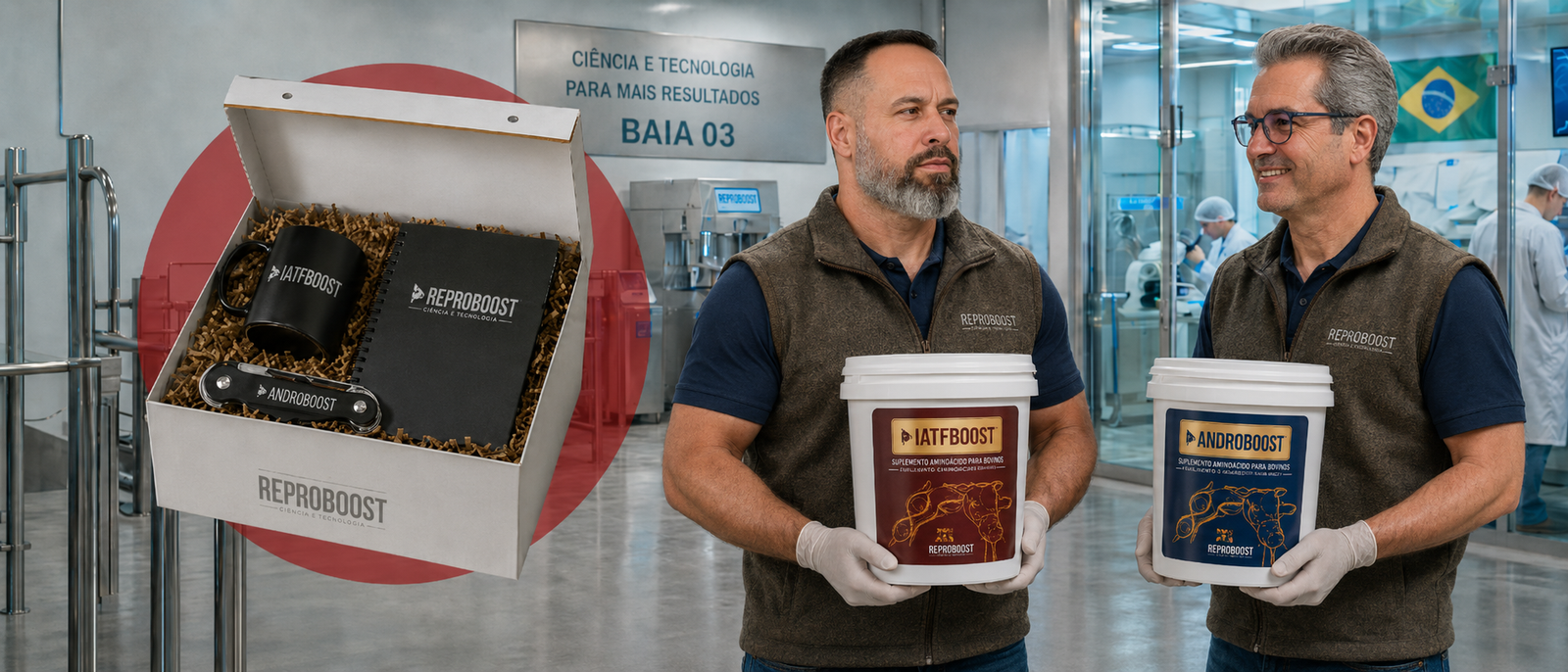 Profissionais Reproboost em laboratório com kit Andro Boost e IATF Boost
