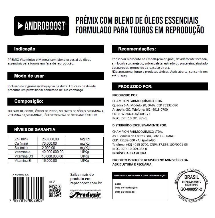 Ficha técnica do Andro Boost — pré-mix com óleos essenciais para touros em reprodução