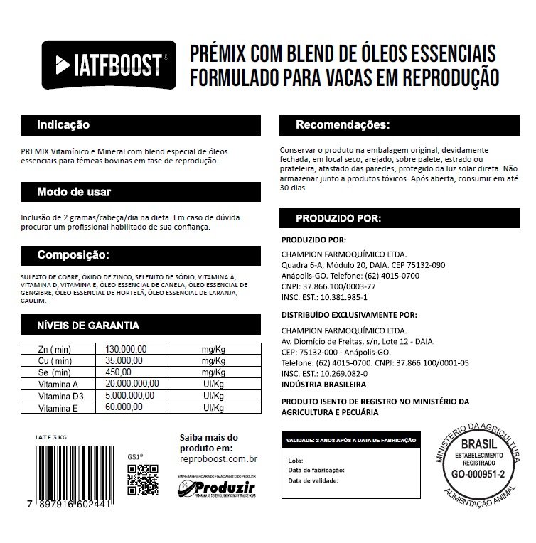 Ficha técnica do IATF Boost — solução nutricional para vacas em reprodução